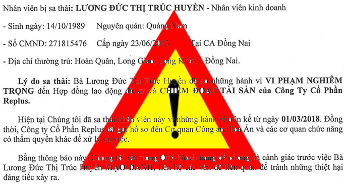 Thông báo: Sa thải bà Lương Đức Thị Trúc Huyền – Vi phạm nghiêm trọng hợp đồng