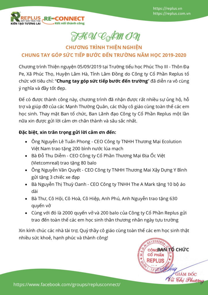 Thư cảm ơn Chương trình thiện nguyện 1