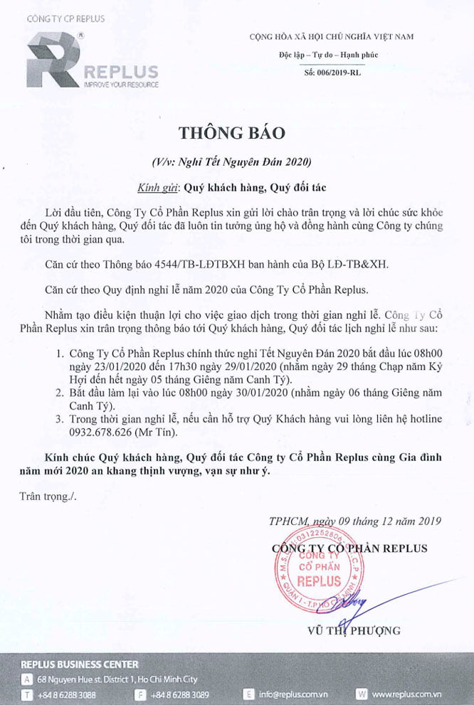 REPLUS THÔNG BÁO LỊCH NGHỈ TẾT NGUYÊN ĐÁN 2020 (Năm Canh Tý) 1 Tết nguyên đán