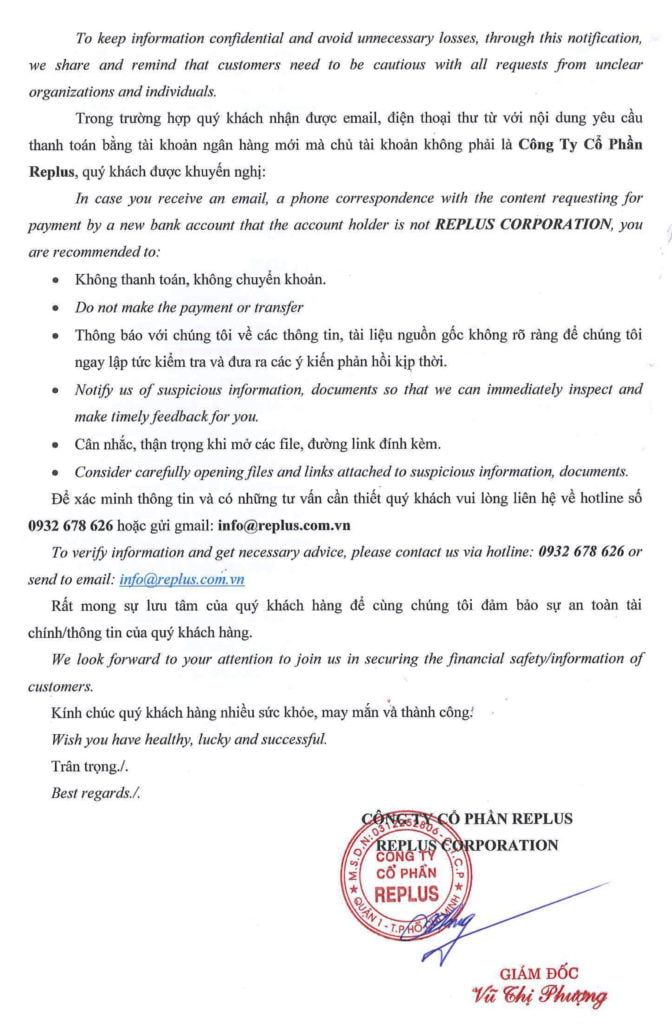 replus thong bao bao mat thong tin