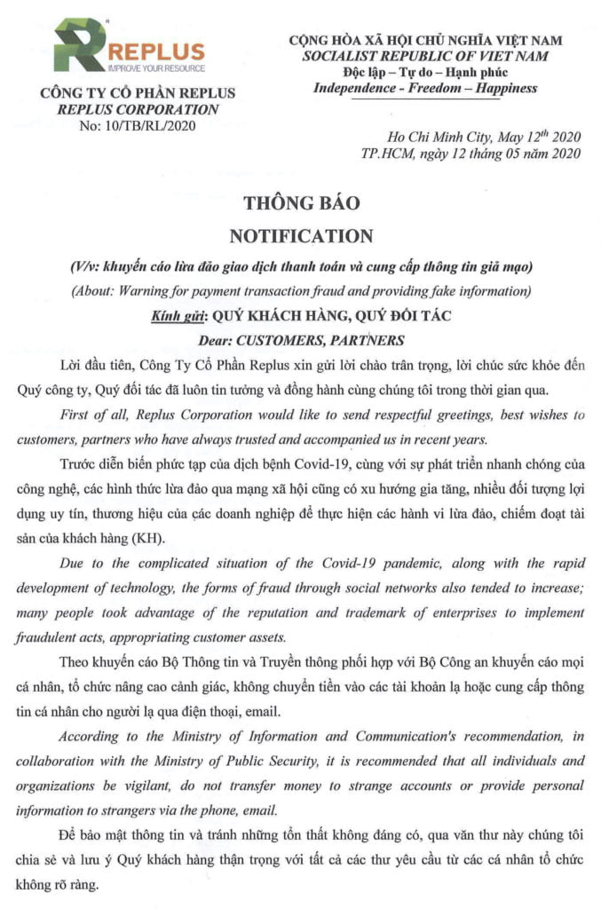 Replus Thông báo khuyến cáo lừa đảo giao dịch thanh toán