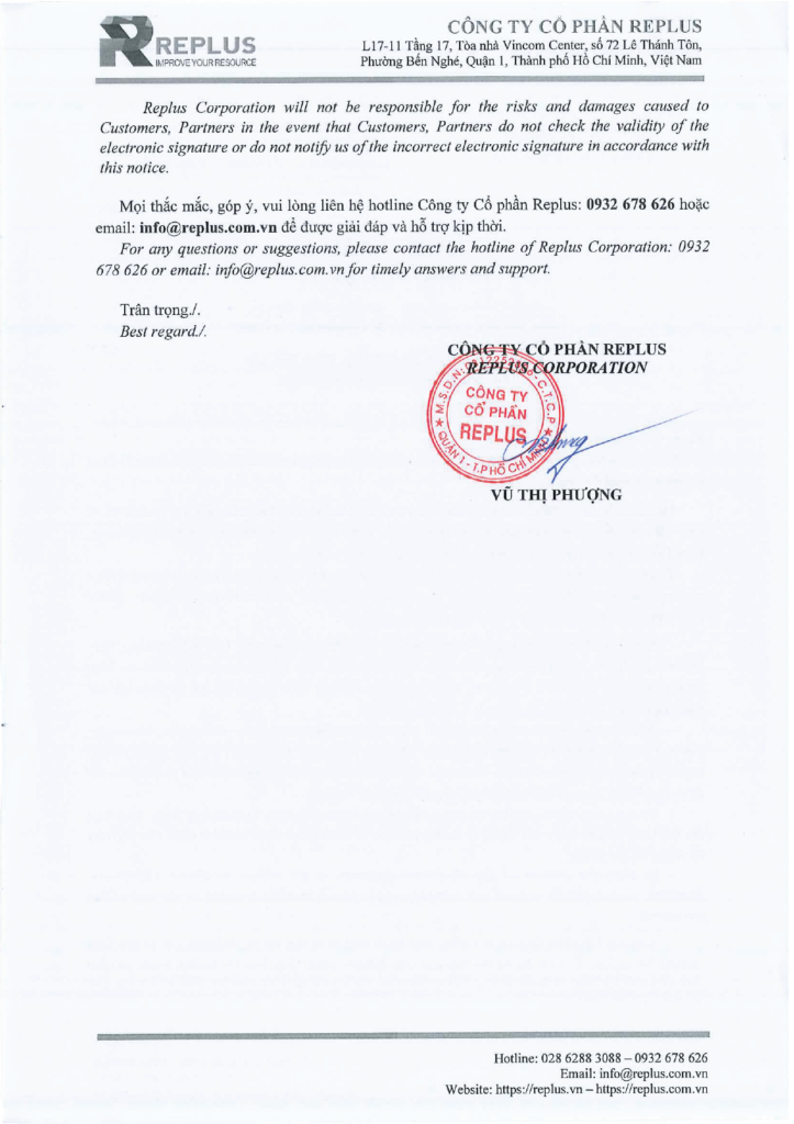 THÔNG BÁO: Replus xin thông báo về hiệu lực Hợp đồng ký điện tử 2