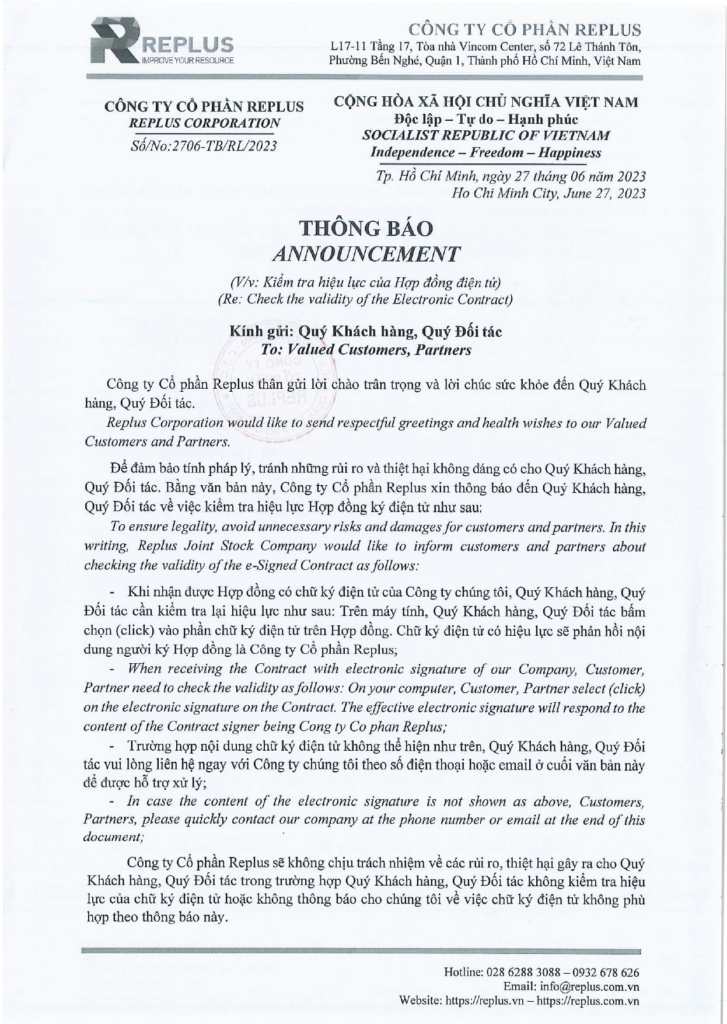 THÔNG BÁO: Replus xin thông báo về hiệu lực Hợp đồng ký điện tử 1 THÔNG BÁO: Replus xin thông báo về hiệu lực Hợp đồng ký điện tử 1