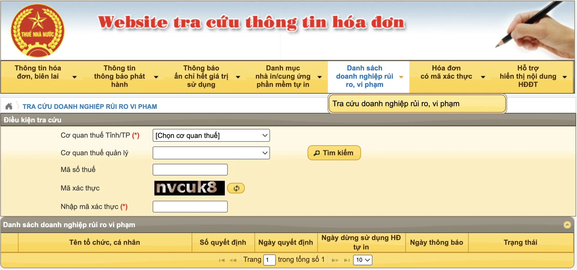 Hướng dẫn tra cứu doanh nghiệp bỏ trốn (trạng thái 06) và cách xử lý hóa đơn 4 Trang Tra cứu doanh nghiệp rủi ro vi phạm trên website tra cứu hóa đơn của Cục Thuế với các cột số quyết định và ngày dừng sử dụng hóa đơn tự in