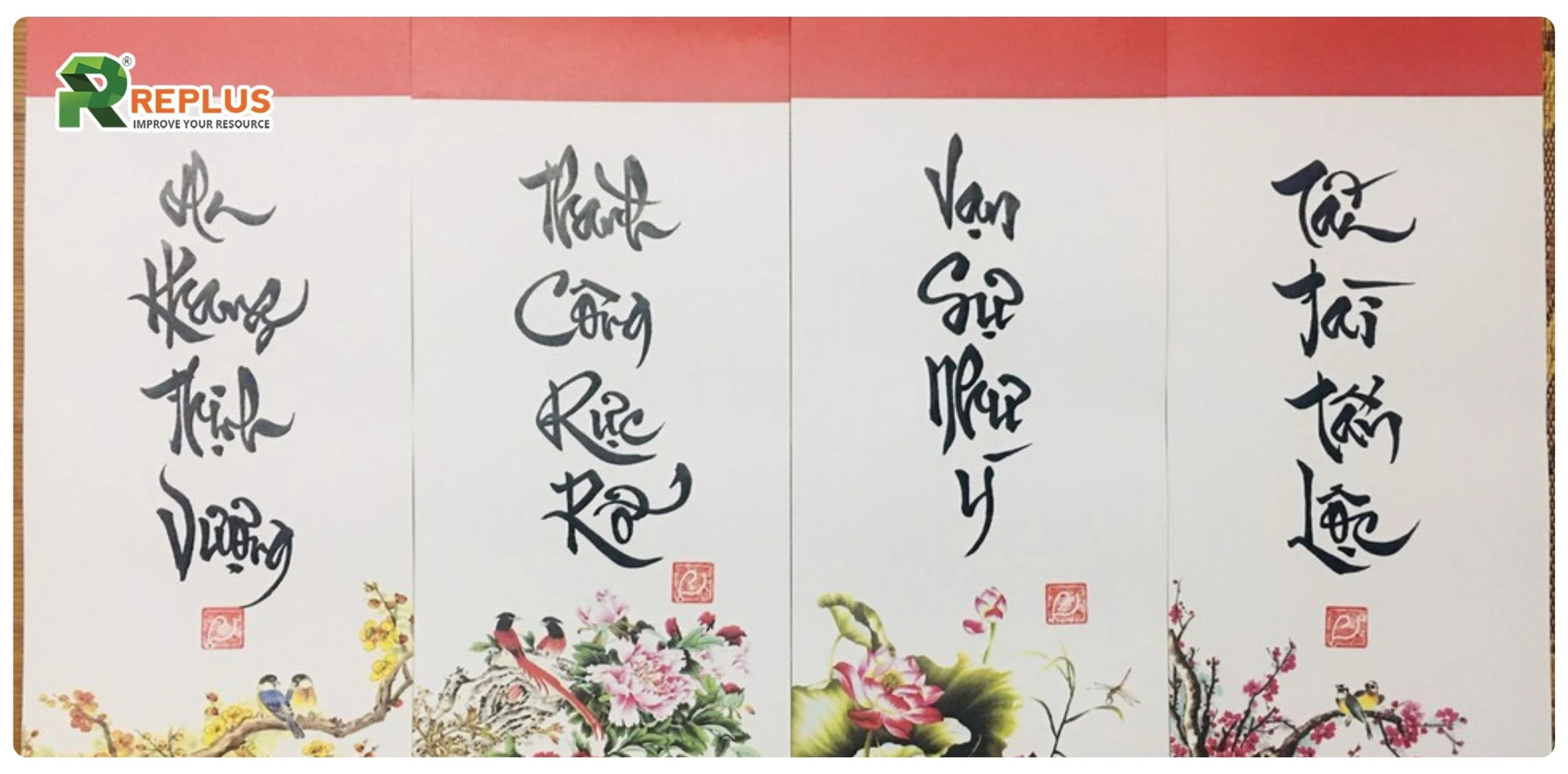 thư pháp câu đối Tết 4 chữ