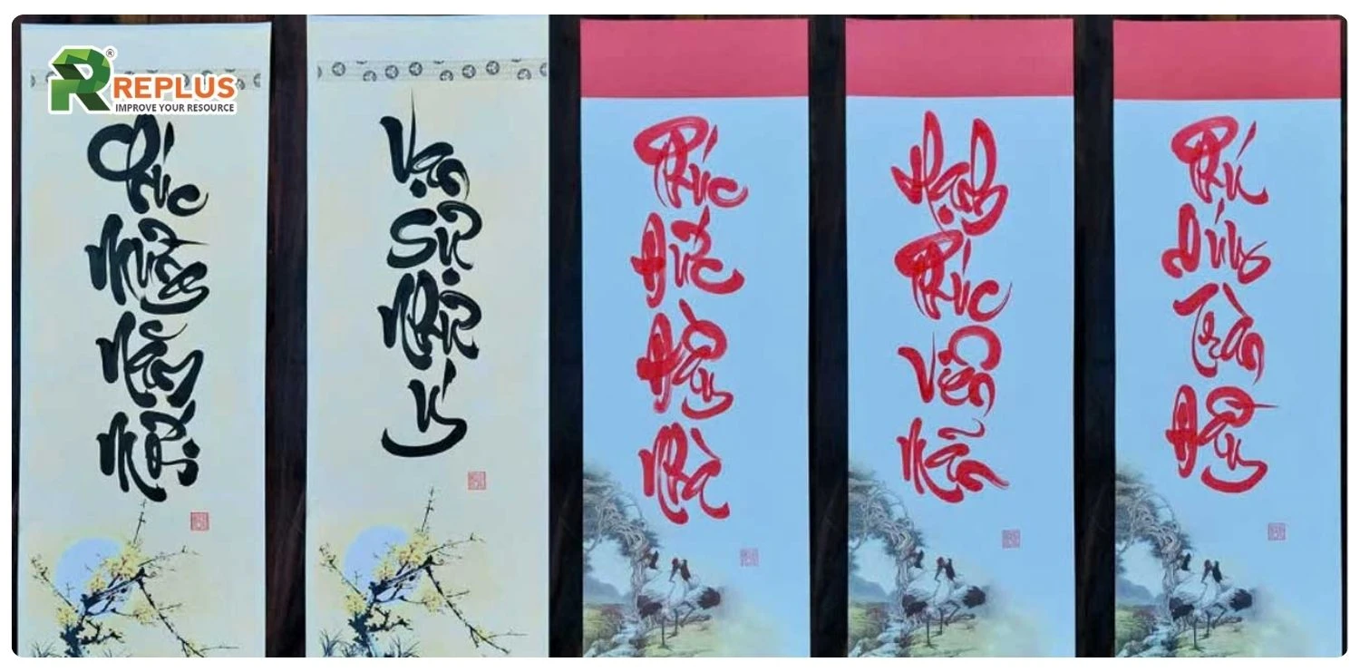 thư pháp câu đối Tết 4 chữ