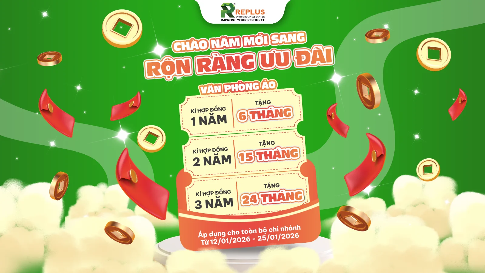 Tặng lên đến 24 tháng Văn phòng ảo tại tất cả chi nhánh Replus