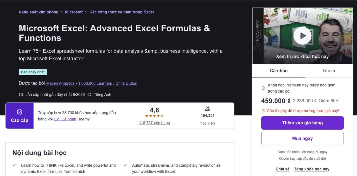 Top 5 khóa học excel nâng cao uy tín, chất lượng 2026 4 Udemy