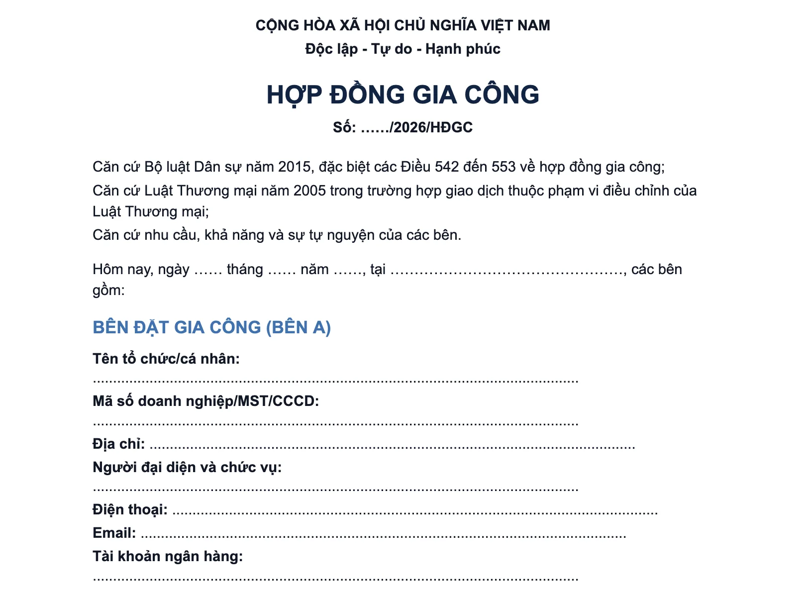 Mẫu hợp đồng gia công mới nhất 2026 và hướng dẫn điền chi tiết 1 Mẫu hợp đồng gia công bản xem trước