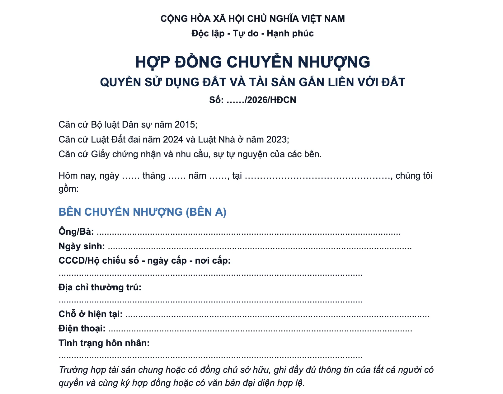 Mẫu hợp đồng chuyển nhượng quyền sử dụng đất và tài sản gắn liền với đất