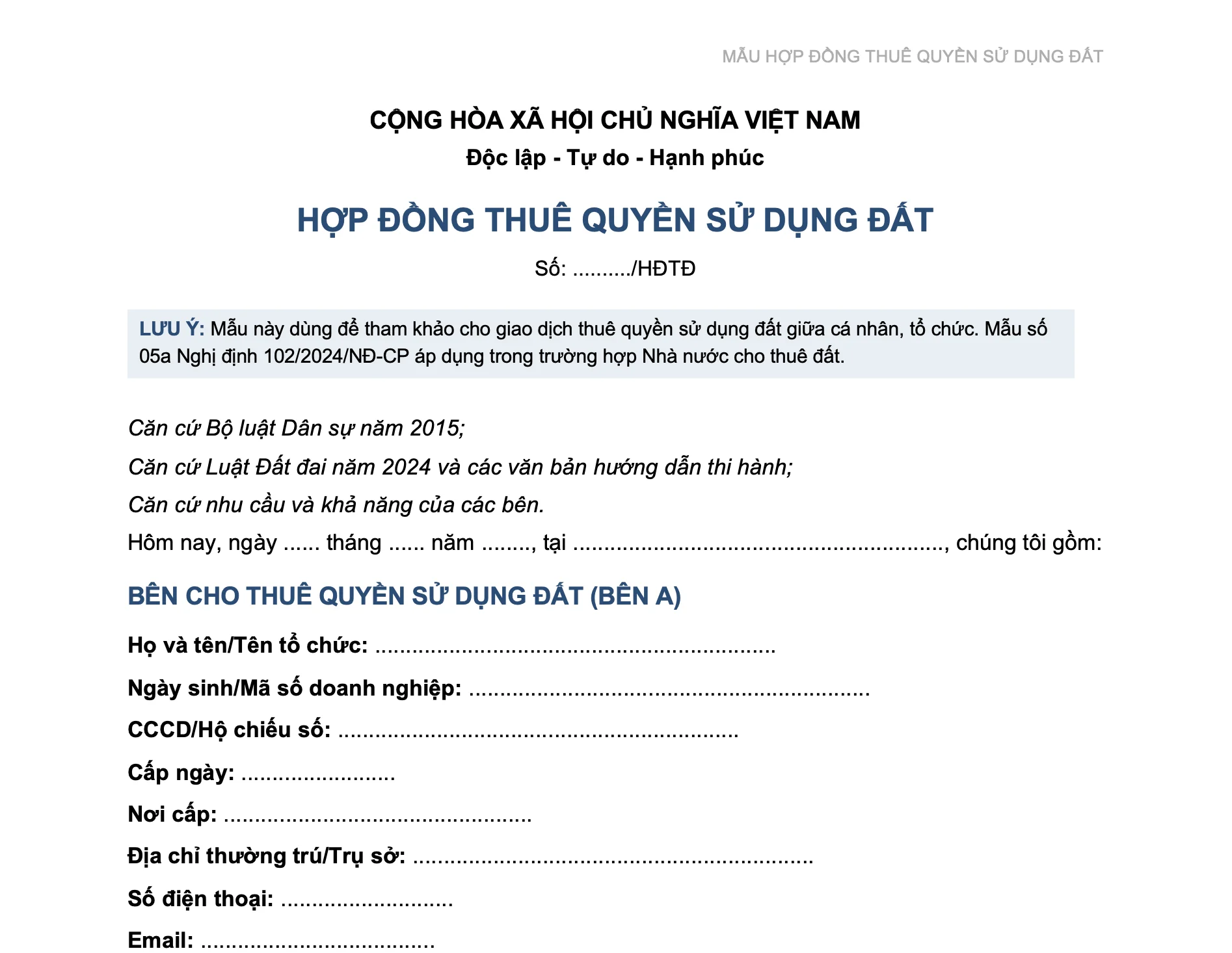 Mẫu hợp đồng thuê đất mới nhất và cách soạn đúng pháp luật 2 Mẫu hợp đồng thuê quyền sử dụng đất file Word bản xem trước