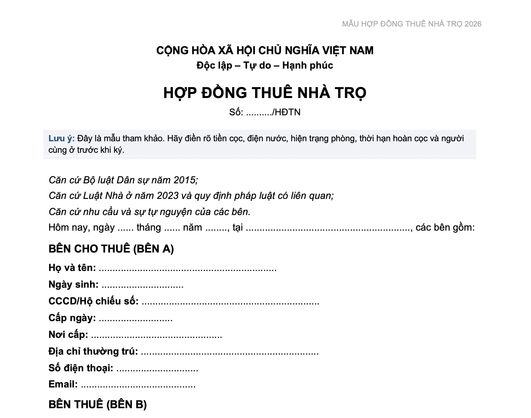 Mẫu hợp đồng thuê nhà trọ mới nhất, đầy đủ và dễ dùng 3 Mẫu hợp đồng thuê nhà trọ 2026 bản xem trước