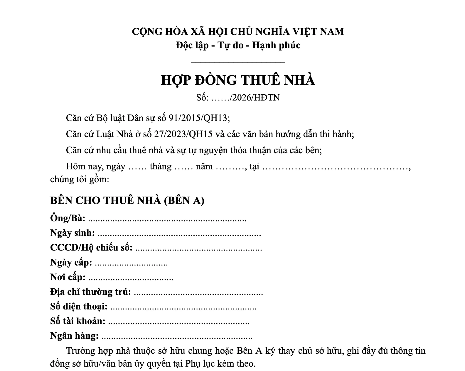 Mẫu hợp đồng thuê nhà mới nhất, kèm file Word dễ chỉnh sửa 1 Mẫu hợp đồng thuê nhà file Word bản xem trước
