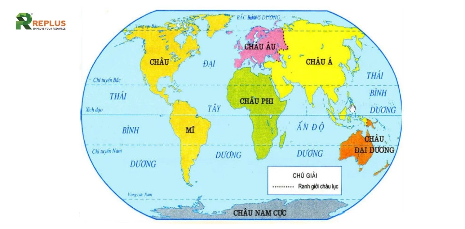 Bản đồ thế giới 6 châu lục và 5 đại dương có chú giải ranh giới châu lục