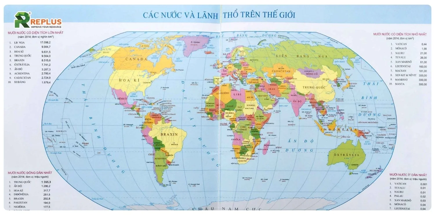 Bản đồ thế giới các nước và vùng lãnh thổ bằng tiếng Việt
