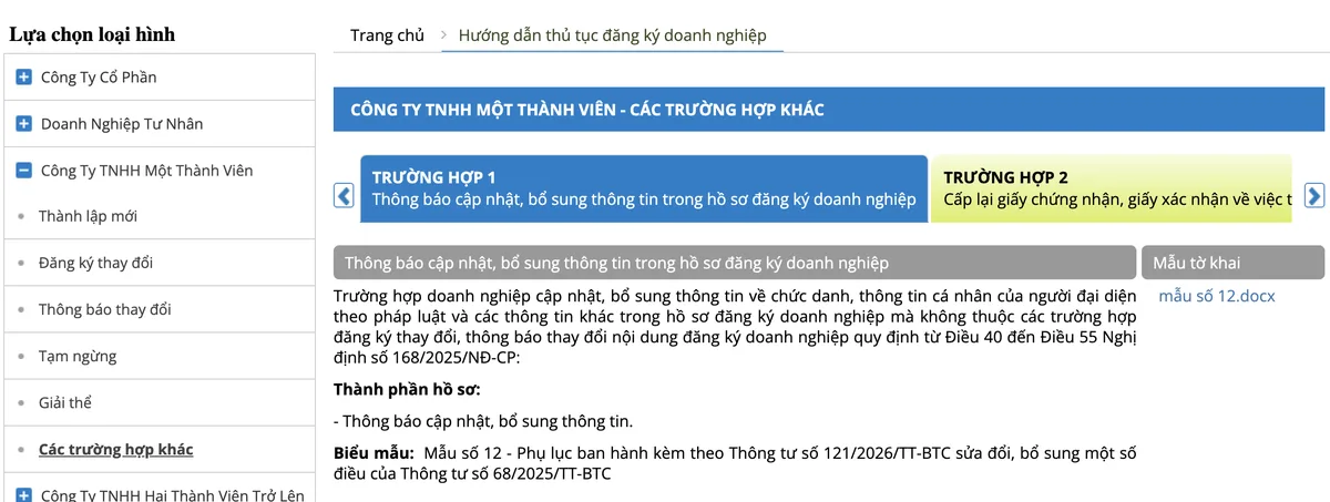 Doanh nghiệp có phải đổi địa chỉ sau sáp nhập? Thủ tục, chi phí và lưu ý hóa đơn 3 Trang hướng dẫn trên Cổng thông tin quốc gia về đăng ký doanh nghiệp: thông báo cập nhật, bổ sung thông tin dùng Mẫu số 12 theo Thông tư 121/2026/TT-BTC