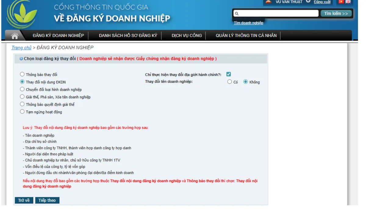 Doanh nghiệp có phải đổi địa chỉ sau sáp nhập? Thủ tục, chi phí và lưu ý hóa đơn 4 Đổi địa chỉ sau sáp nhập trên Cổng đăng ký doanh nghiệp: tích ô Chỉ thực hiện thay đổi địa giới hành chính