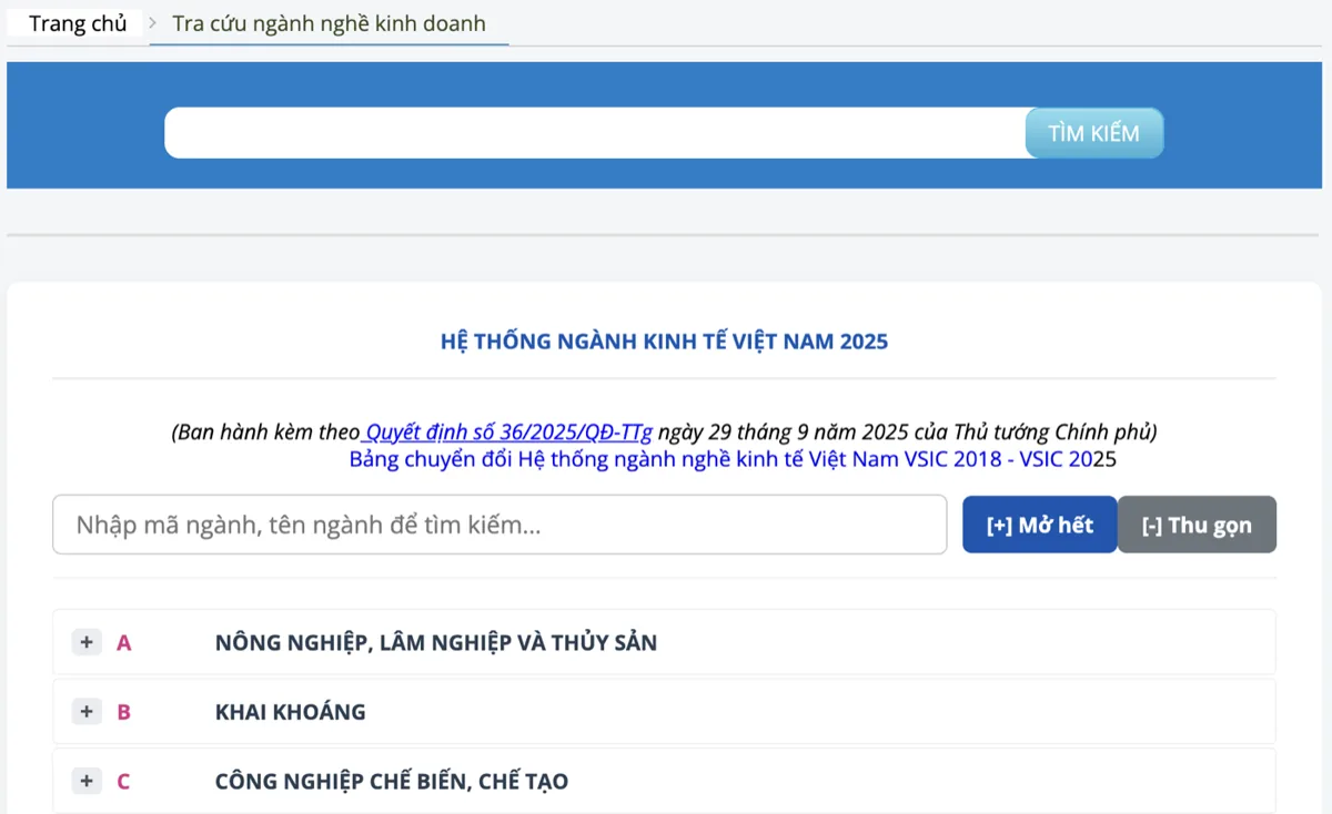 Tra cứu ngành nghề kinh doanh của doanh nghiệp bằng mã số thuế và cách đọc mã VSIC 2025 5 Trang tra cứu Hệ thống ngành kinh tế Việt Nam 2025 theo Quyết định 36/2025/QĐ-TTg trên Cổng đăng ký doanh nghiệp