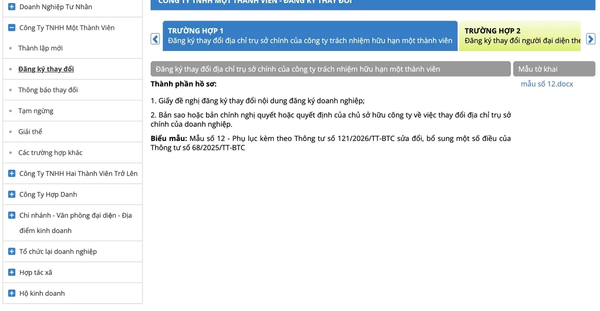 Trang hướng dẫn trên Cổng thông tin quốc gia về đăng ký doanh nghiệp: hồ sơ đăng ký thay đổi địa chỉ trụ sở chính gồm giấy đề nghị và nghị quyết, quyết định, dùng Mẫu số 12 theo Thông tư 121/2026/TT-BTC
