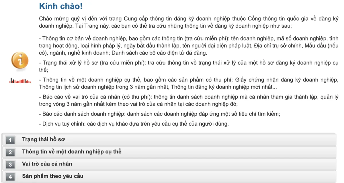 Cách tra cứu doanh nghiệp giải thể và đọc đúng tình trạng pháp lý 2 Trang Dịch vụ thông tin của cổng đăng ký doanh nghiệp liệt kê thông tin tra cứu miễn phí, trong đó có tình trạng hoạt động và bố cáo điện tử