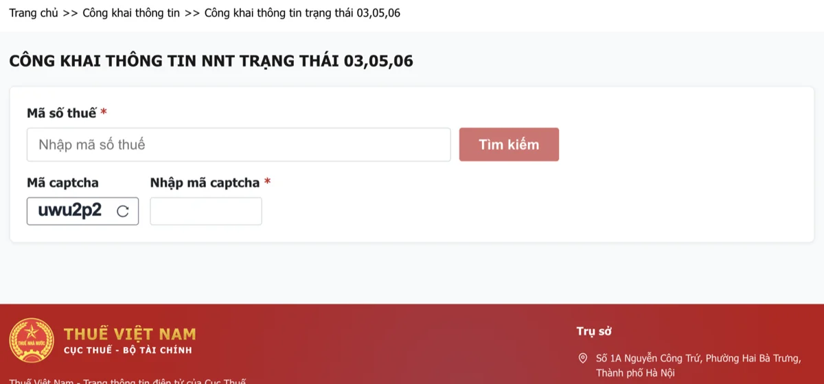 Hướng dẫn tra cứu doanh nghiệp bỏ trốn (trạng thái 06) và cách xử lý hóa đơn 2 Tra cứu doanh nghiệp bỏ trốn trên trang Công khai thông tin NNT trạng thái 03, 05, 06: nhập mã số thuế và mã captcha