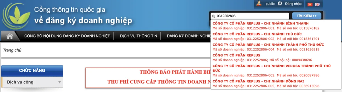 Tra cứu ngành nghề kinh doanh của doanh nghiệp bằng mã số thuế và cách đọc mã VSIC 2025 2 Tra cứu ngành nghề kinh doanh bằng mã số thuế: ô tìm kiếm hiện công ty và các chi nhánh có đuôi -001, -002