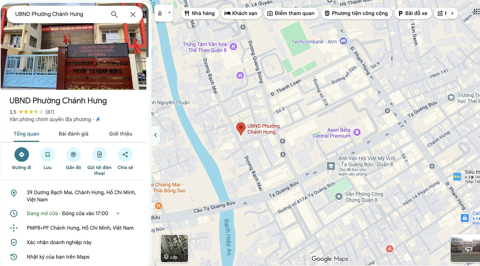 UBND phường Chánh Hưng tại 39 Dương Bạch Mai trên Google Maps, gần đường Tạ Quang Bửu và rạch Hiệp Ân
